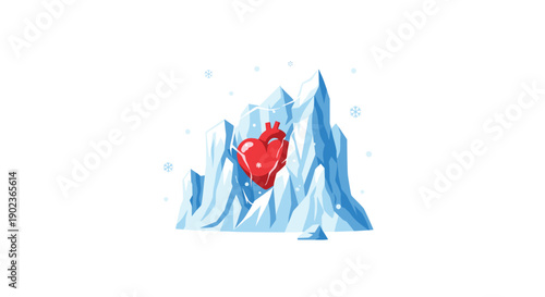 Red Heart Encased in Jagged Iceberg Formations Representing Emotional Coldness