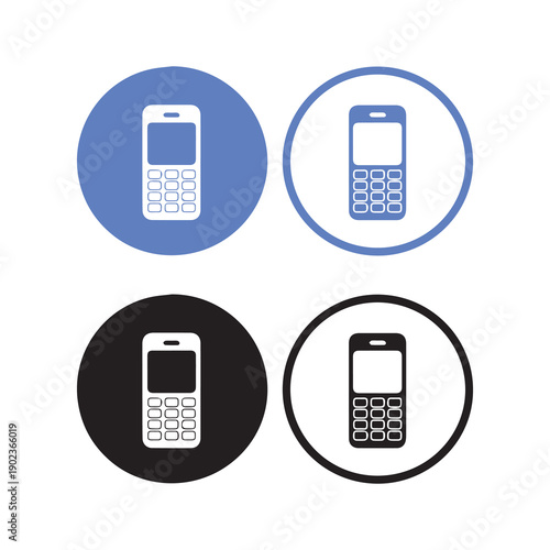 Four stylized phones in circular frames using black white and blue tones