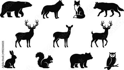 WebWild forest animal silhouette vector set featuring bear wolf fox deer rabbit squirrel and owl isolated on white background for nature wildlife and conservation designs