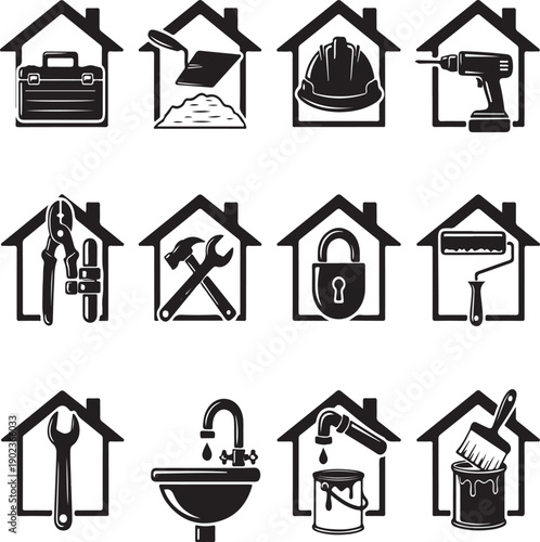 Black icons of various home repair tools and equipment