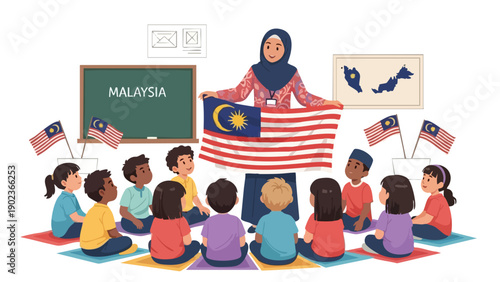 Illustration of a diverse group of children sitting on a colorful mat listening to a teacher in a hijab holding a Malaysian flag in a classroom setting with educational posters on the wall.
