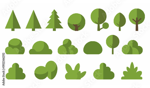 Minimal geometric green trees and bushes flat vector collection isolated on white background