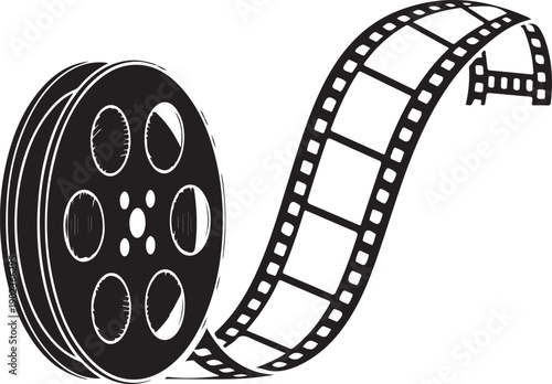 Film reel with curled strip of movie film on white background