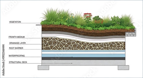 Section view illustrates green roof layers including vegetation, growth medium, and drainage.