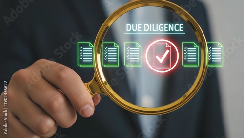 A businessman conducting due diligence with a magnifying glass