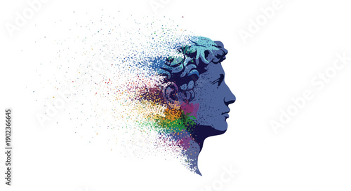 Classical Statue Head Profile Dissolving into Colorful Particles Illustration