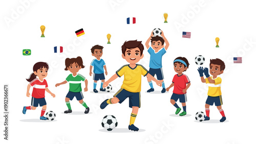 Illustration of diverse children playing soccer with balls and flags in the air on a white background with a vibrant mood.