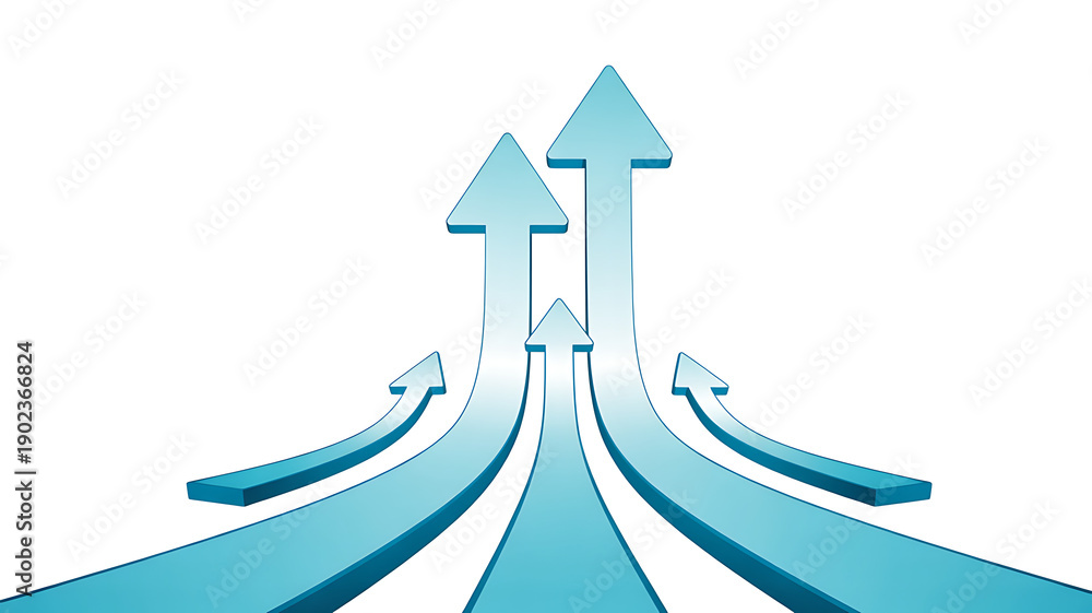 Fototapeta premium Dynamic Light Blue 3D Arrows Rising Upwards with Fanning Paths, Symbolizing Growth, Success, Progress, and Multiple Opportunities on White Background