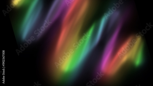 Abstract dark background with vibrant holographic light streaks and iridescent gradients. Neon rainbow reflections, soft glow, grain texture, modern futuristic. Posters, banners, album covers, headers
