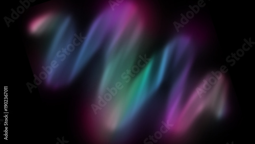 Abstract dark background with vibrant holographic light streaks and iridescent gradients. Neon rainbow reflections, soft glow, grain texture, modern futuristic. Posters, banners, album covers, headers