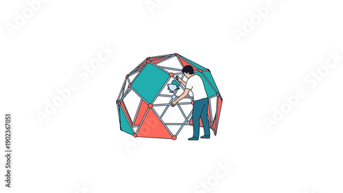 Geodesic Dome Structure System: Man Building or Analyzing Complex Scientific Framework Illustration