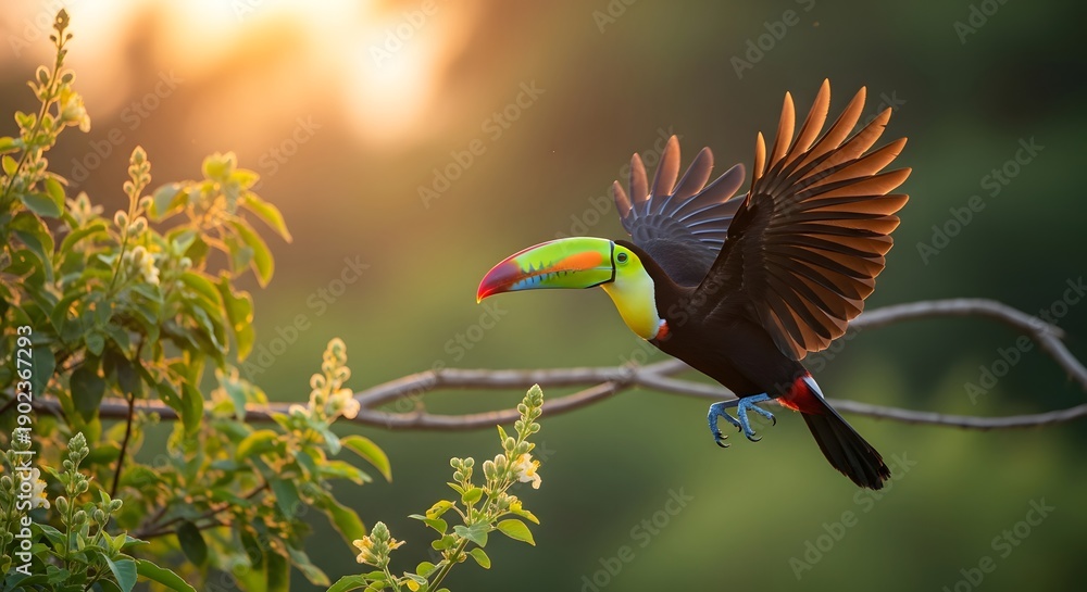 Obraz premium A colorful toucan with a green beak soars through golden light.
