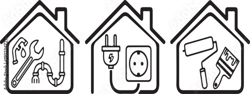 Home maintenance and repair icons with plumbing, electrical, and painting tools