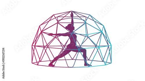 Gradient Yoga Silhouette in Geometric Wireframe Dome - Spiritual Wellness, Protection, and Balance Vector Illustration