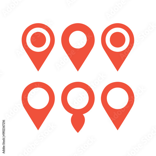 Six red map pins with varying designs isolated on a white background