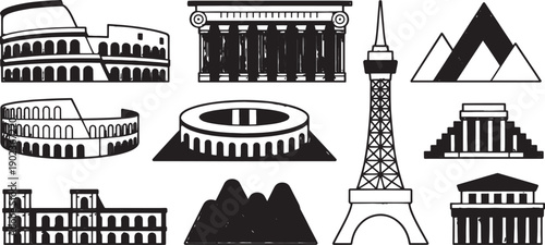 Various black silhouette symbols depict famous world architectural landmarks and historical structures including the Colosseum and classical columns.
