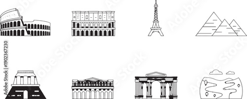 Collection of famous world architectural landmarks rendered as simple black and white vector outline icons suitable for travel guides and infographics.