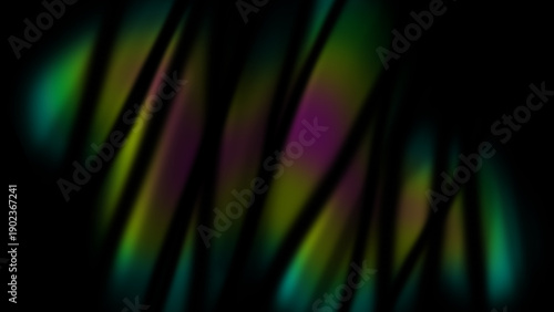 Abstract dark background with vibrant holographic light streaks and iridescent gradients. Neon rainbow reflections, soft glow, grain texture, modern futuristic. Posters, banners, album covers, headers