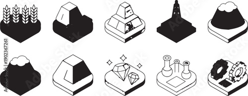 Isometric black and white icons illustrate various resources, geological features, and scientific tools set upon small square bases for game design.