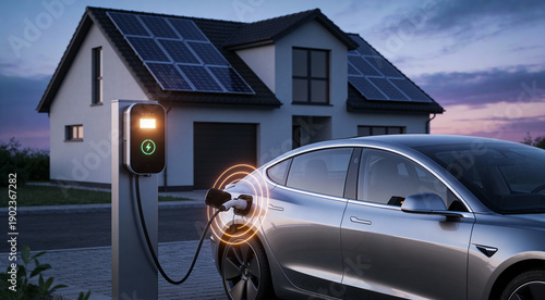 Modern electric car charging at home station with solar panels on contemporary house during sunset. Perfect for clean energy, eco-friendly lifestyle, and sustainable technology visuals