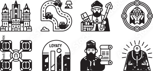 Black silhouette of a historical male figure wearing a traditional cap and robe holding a rolled up document, representing clergy or governance.