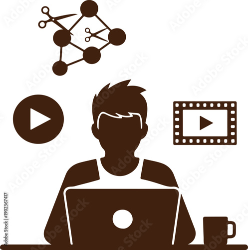 Man working on laptop with video editing and networking icons