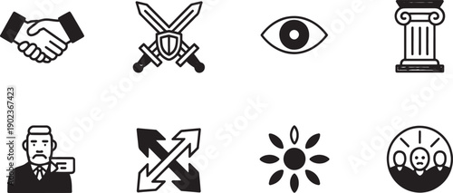 A lone farmer's plow and a detailed graphic representation of a royal crown emphasize themes of labor and monarchy within a compilation of black and white symbols.