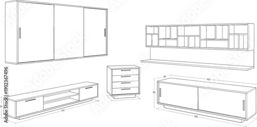 Technical Vector Illustration Set of Modern Office Furniture Including Cabinet, Desk, Bookshelf, Drawer, and Sideboard for Interior Design Concept