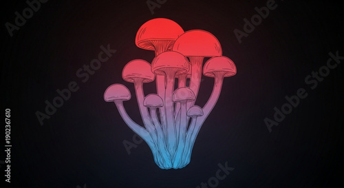 Cluster of vibrant glowing mushrooms in red pink and blue hues against a dark background creating a mystical atmosphere