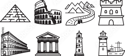 Collection of eight black line art icons representing historical and travel landmarks such as the Egyptian pyramid, Roman Colosseum, Great Wall, watchtower, classical building, temple facade.