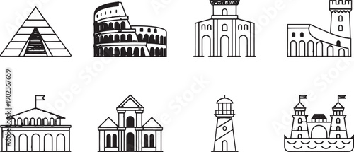 Outline drawings depict famous world landmarks such as the Great Pyramid, Colosseum, lighthouse, and various historic government or fortified structures.