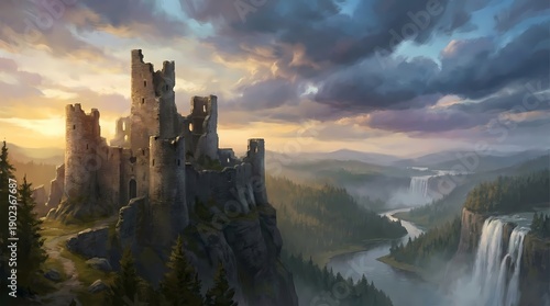 Mystical ruined castle on cliff with waterfall landscape