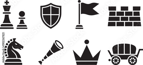 Assortment of black and white solid silhouette icons depicting military and tactical equipment such as a tank, soldier, anti-aircraft gun, and radar dish.