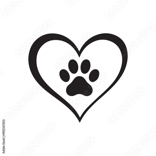 Black paw print inside heart symbol illustration on white background