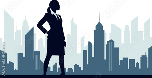 Confident businesswoman silhouette standing with hands on hips against a modern urban city skyline background