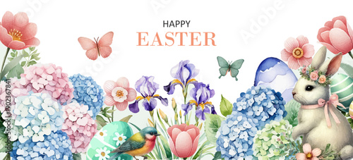 Elegant Easter Banner with cute bunny, spring flowers, and decorative eggs. Soft pastel watercolor illustration for holiday greetings, website, invitations and seasonal design