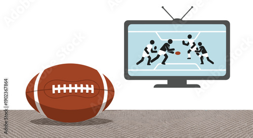 American Football Resting on Grey Carpet in Front of Television Showing Live Sports Game in Living Room