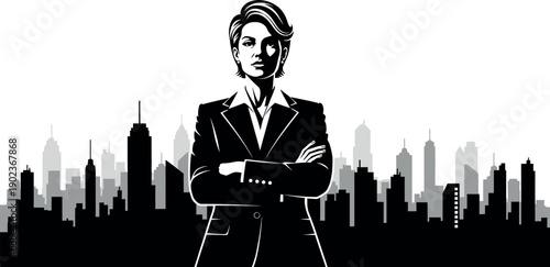 Confident determined businesswoman standing powerfully with crossed arms against a modern urban city skyline silhouette symbolizing corporate strength and ambition
