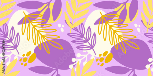 Bright seamless pattern with abstract botanical shapes and leaves on lavender background. Playful decorative floral design ideal for stationery, packaging, fabric, kids products, wallpapers