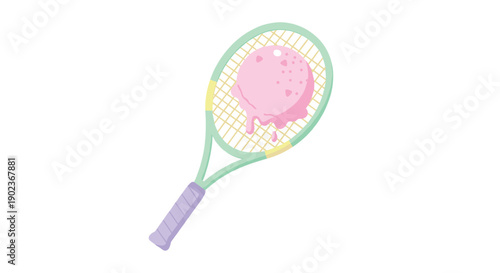 Creative Concept of Pink Melting Ice Cream Scoop Stuck on Tennis Racket Strings over White Background