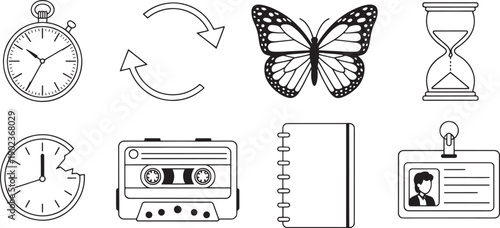 Set of contrasting black silhouette icons illustrates weather elements, musical accessories, transportation infrastructure, and a beverage cup resting on a surface.