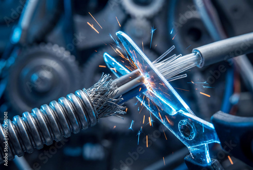 Vintage metal scissors cutting black internet cable on gray concrete background for hybrid war and communication sabotage concept