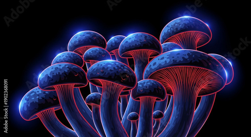 Glowing blue mushrooms with red inner caps clustered together on black background surreal neon lit fungi