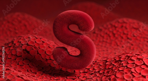 Furry letter s on bed of red rose petals and abstract organic shapes, romantic backdrop, soft lighting, intimate texture