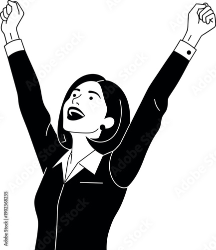 Excited businesswoman joyfully celebrating a significant achievement with arms triumphantly raised in the air