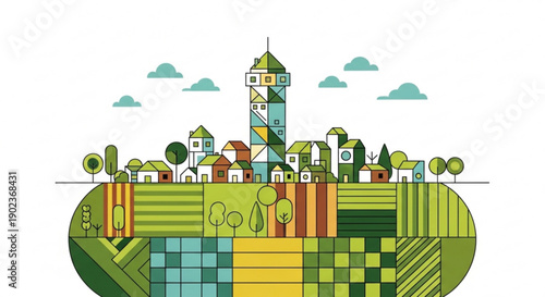 Colorful abstract cityscape with tower and geometric patterns on green landscape background with clouds
