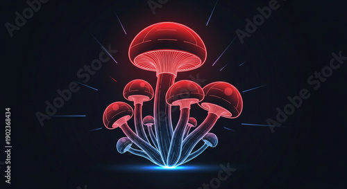 Glowing red and blue mushrooms with vibrant neon light effect on dark background mysterious fungal growth surrealistic illustration