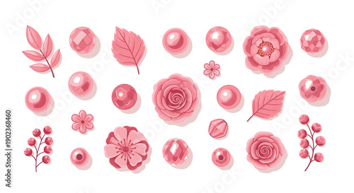 Collection of Pink Pearls Flowers and Leaves for Romantic Jewelry and Decoration Design Elements