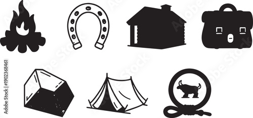 A collection of black and white icons representing Wild West themes including a campfire, horseshoe, cabin, and briefcase against a clean background.