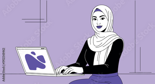 Professional Arab Muslim woman in a hijab diligently working on her laptop in a modern office environment illustration